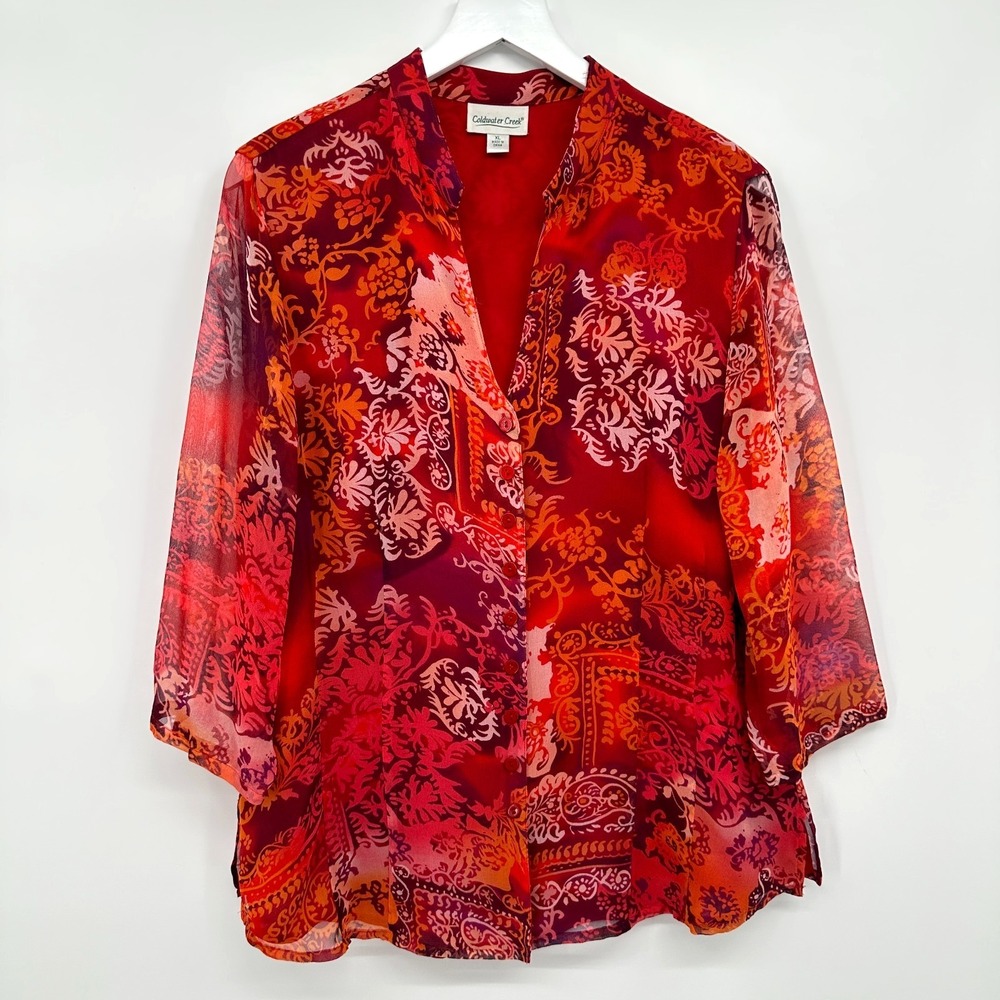 Coldwater Creek Top Shirt Size XL Chiffon 100% Silk Boho Garden Party Festival